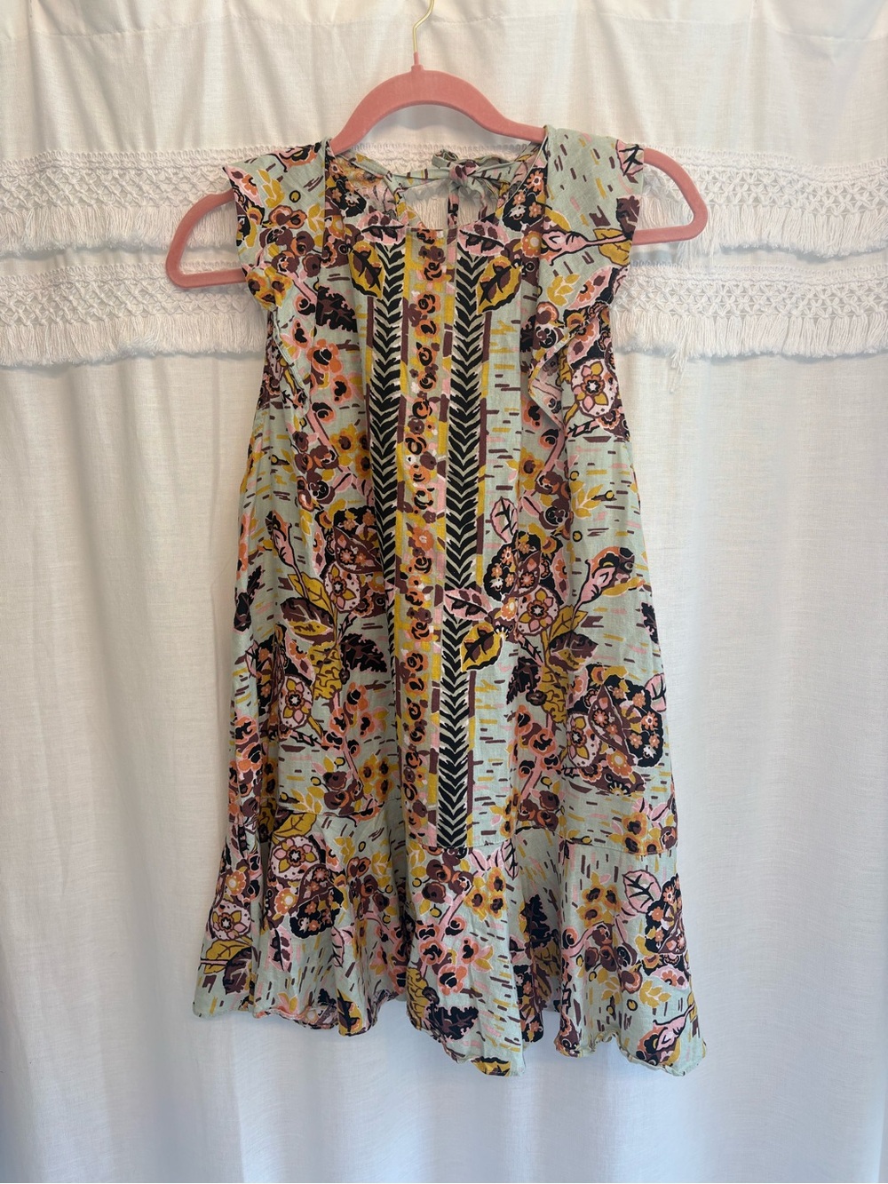 Free People Summer In Tulum Floral Print Ruffled Tunic in Mint, Yellow, Black
